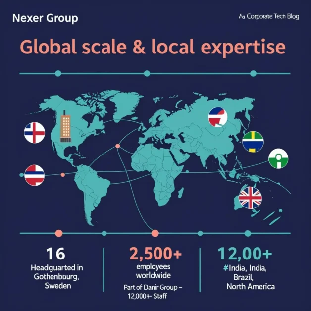 Global presence of Nexer Group with country icons and team network. 