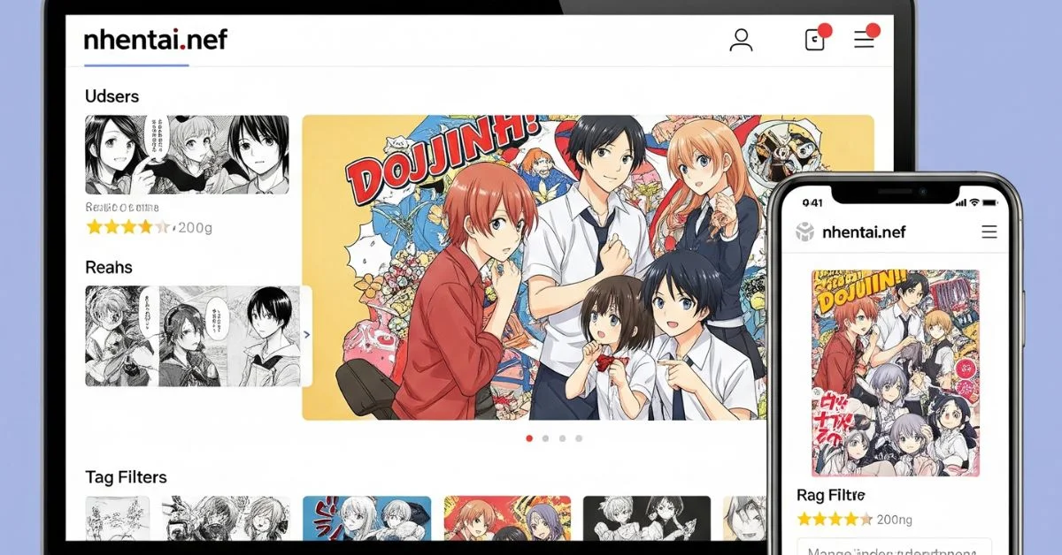 “Manga reading platform interface showing doujinshi content with tags, ratings, and mobile-friendly layout representing nhentai.nef features.”