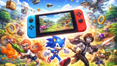 Colorful illustration showing a Nintendo Switch surrounded by third-party game characters and worlds, representing an upcoming Nintendo Direct Partner Showcase.