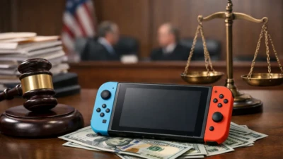 Nintendo Switch on cash beside a judge’s gavel and scales in a courtroom, illustrating the Nintendo tariff lawsuit refund fight