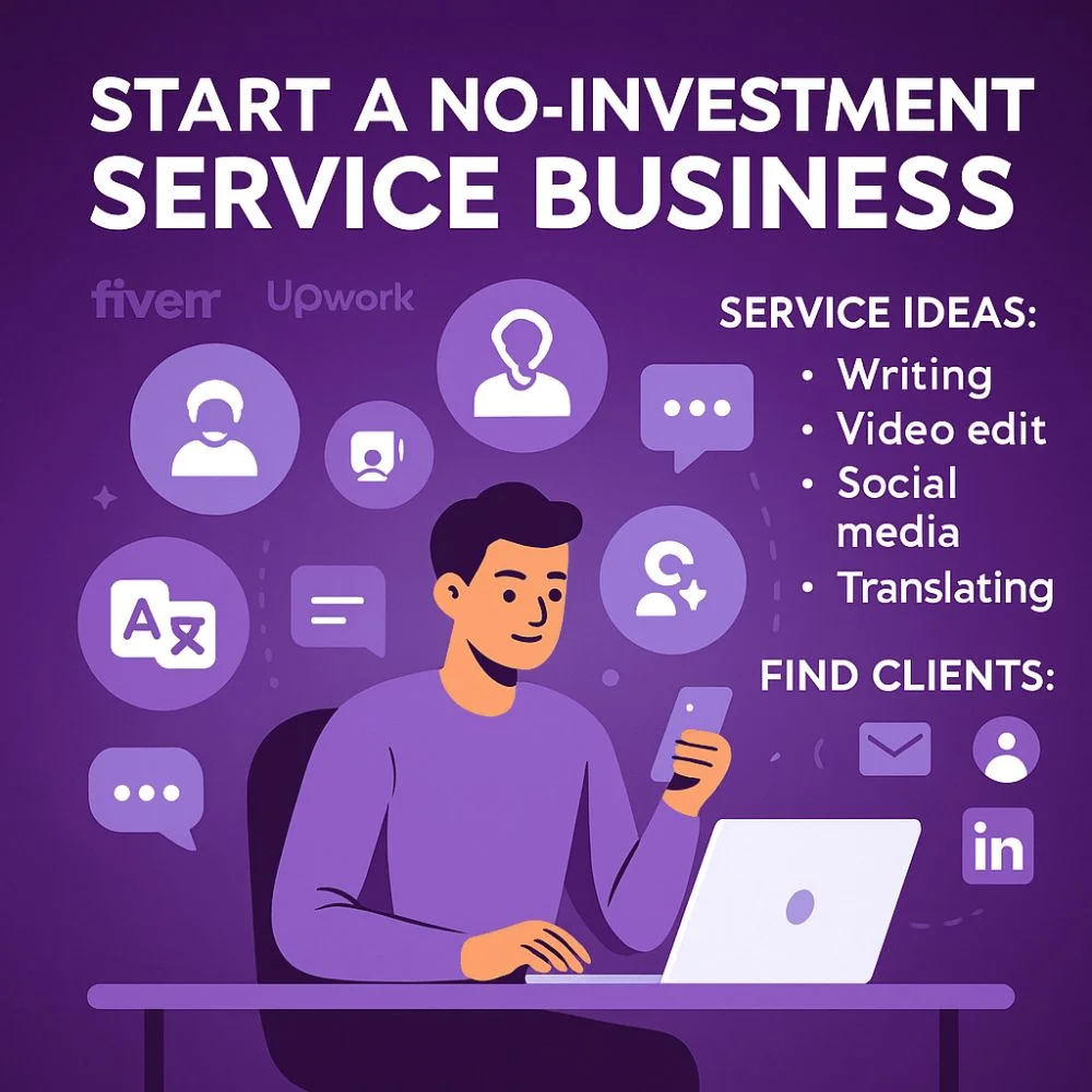 Man at desk with icons for starting a no-investment service business. Is this conversation helpful so far?