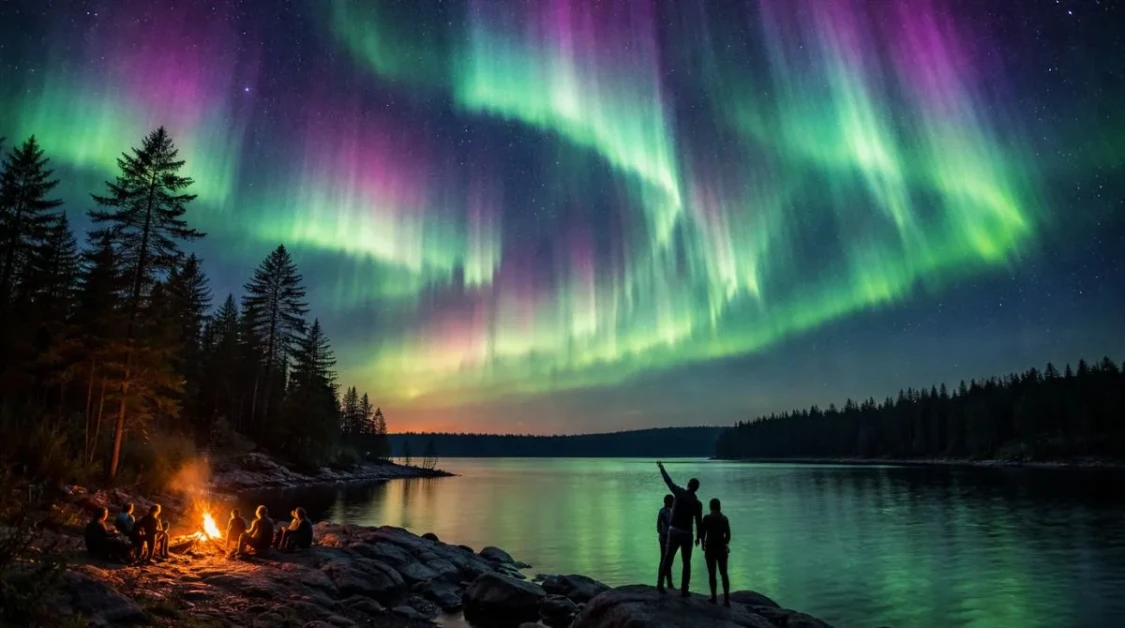 Northern Lights illuminating the night sky over the United States with vibrant green and purple aurora patterns