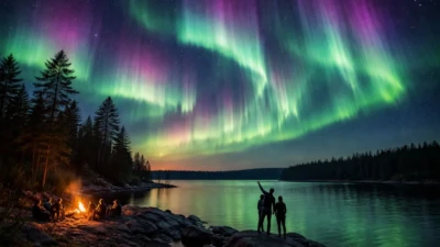 Northern Lights illuminating the night sky over the United States with vibrant green and purple aurora patterns