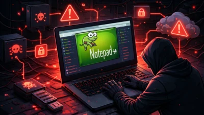 Targeted supply chain cyber attack illustration showing a compromised software update environment with a hacker and warning indicators