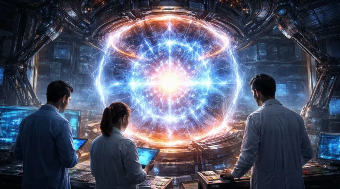 Scientists monitoring a glowing nuclear fusion energy core inside a futuristic high-tech research laboratory