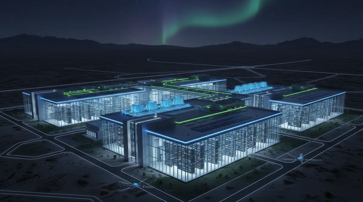 Aerial view of a large-scale AI data center facility at night with glowing server racks representing Nvidia-powered infrastructure