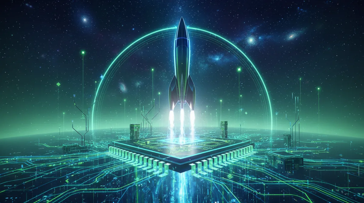 Futuristic concept image of a rocket launching from a silicon chip platform symbolizing Nvidia's AI growth trajectory and next phase of technological advancement