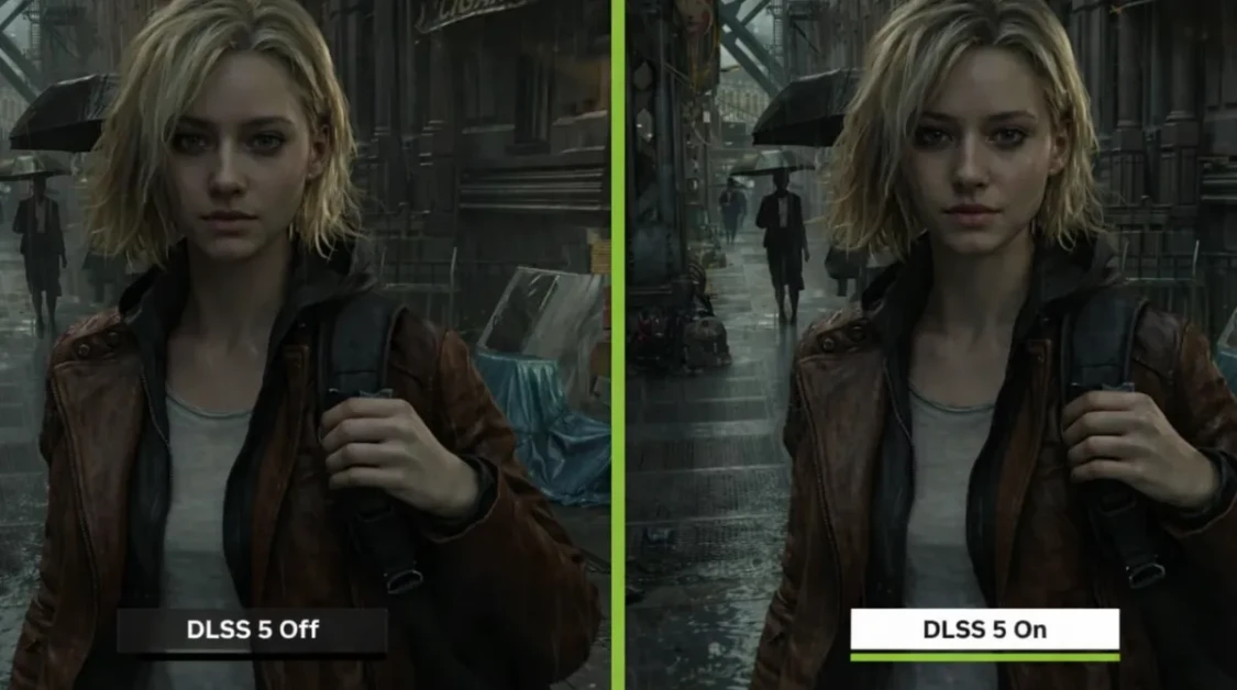 Side-by-side NVIDIA DLSS 5 comparison showing a blonde woman in a rainy city scene with DLSS 5 Off on the left and NVIDIA DLSS 5 On on the right