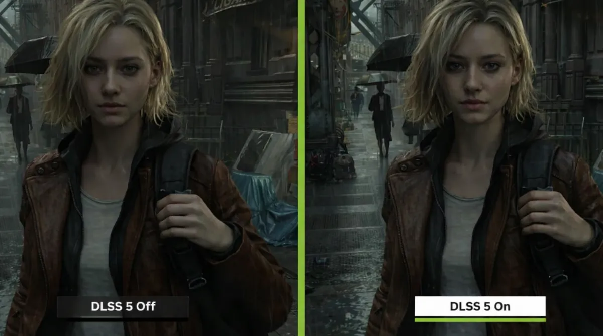 Side-by-side NVIDIA DLSS 5 comparison showing a blonde woman in a rainy city scene with DLSS 5 Off on the left and NVIDIA DLSS 5 On on the right