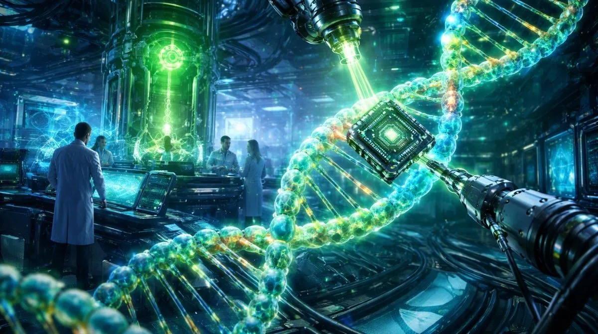 Futuristic laboratory scene showing AI-driven gene insertion into DNA using advanced computing technology and biotechnology research visuals