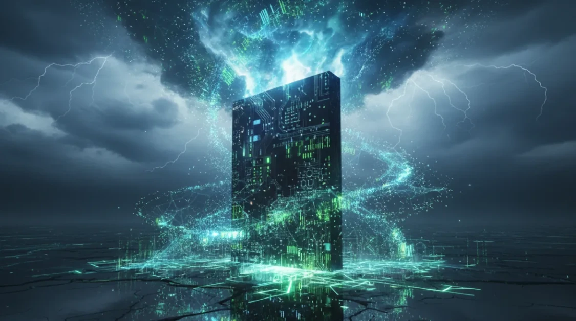 Dramatic concept image of a powerful GPU chip standing as a monolith surrounded by glowing data streams symbolizing Nvidia's dominance in the AI industry in 2026