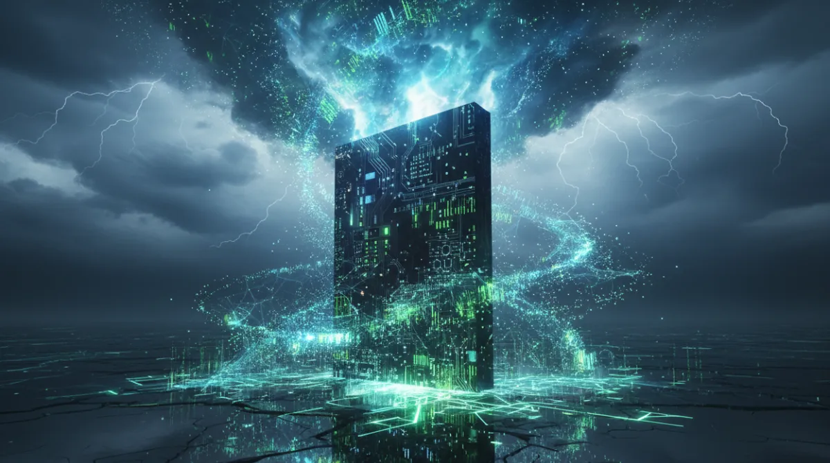 Dramatic concept image of a powerful GPU chip standing as a monolith surrounded by glowing data streams symbolizing Nvidia's dominance in the AI industry in 2026