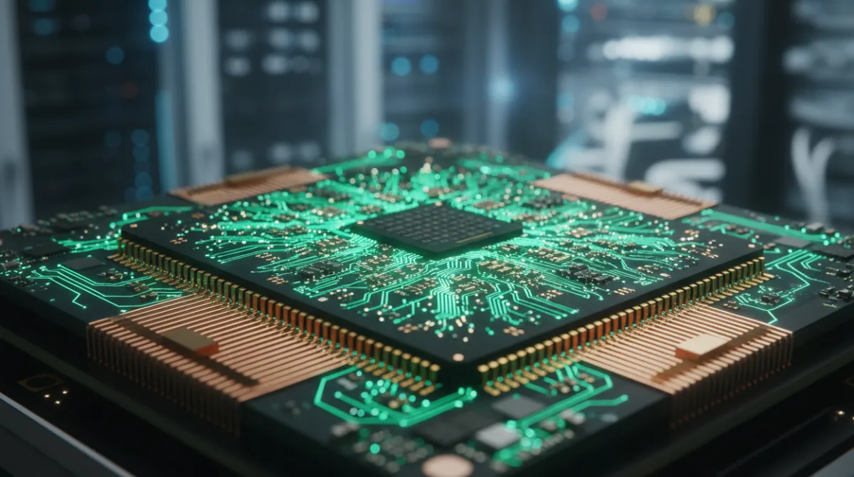 Macro close-up of a high-performance Nvidia GPU chip with glowing circuit traces representing advanced semiconductor architecture for AI workloads