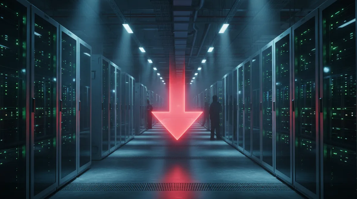 Rows of glowing GPU server racks in a massive data center with a red downward arrow suggesting reduced demand if AI labs slow down