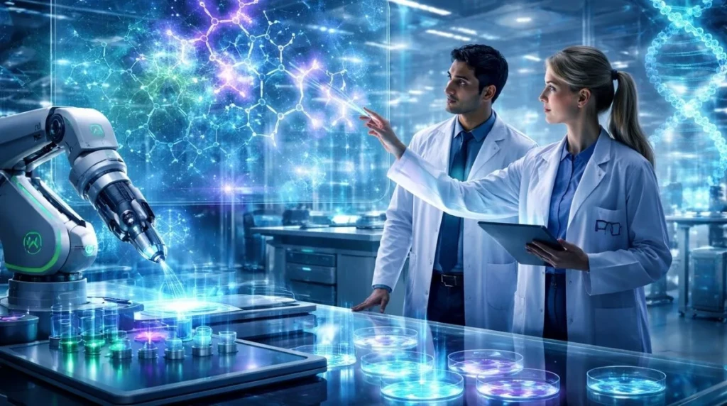 Scientists use artificial intelligence and advanced computing in a futuristic lab to accelerate drug discovery research