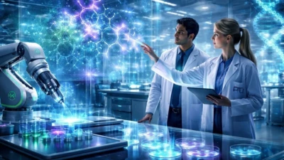 Scientists use artificial intelligence and advanced computing in a futuristic lab to accelerate drug discovery research
