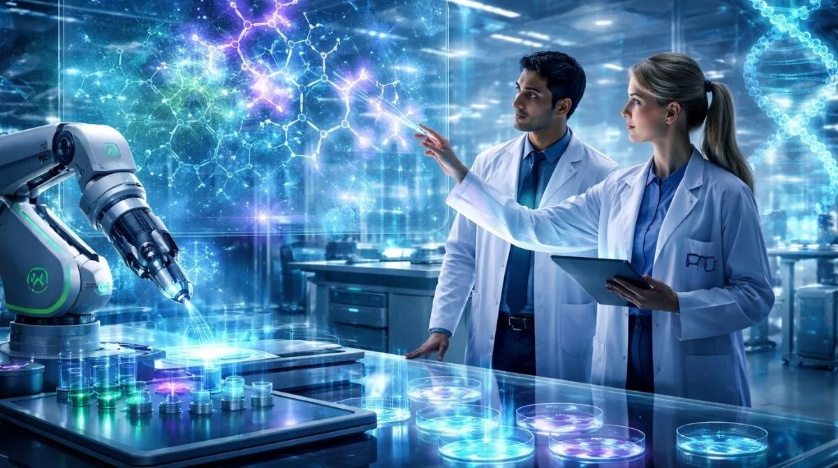 Scientists use artificial intelligence and advanced computing in a futuristic lab to accelerate drug discovery research