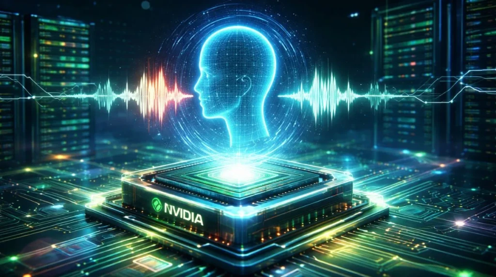 Futuristic AI speech model visualization with NVIDIA chip generating real-time voice waveforms inside a data center environment