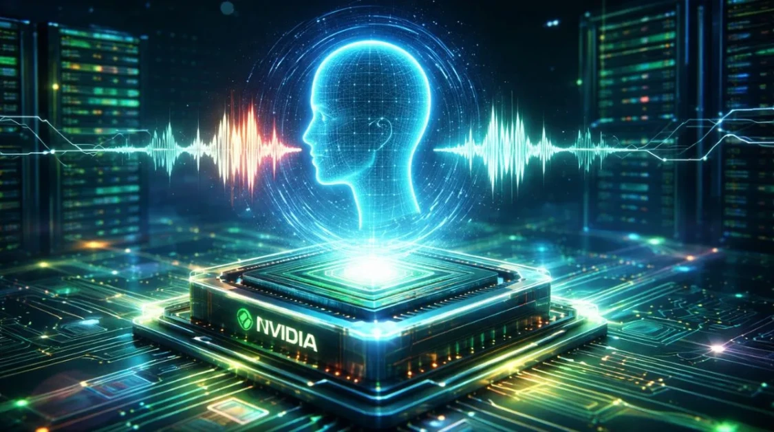 Futuristic AI speech model visualization with NVIDIA chip generating real-time voice waveforms inside a data center environment