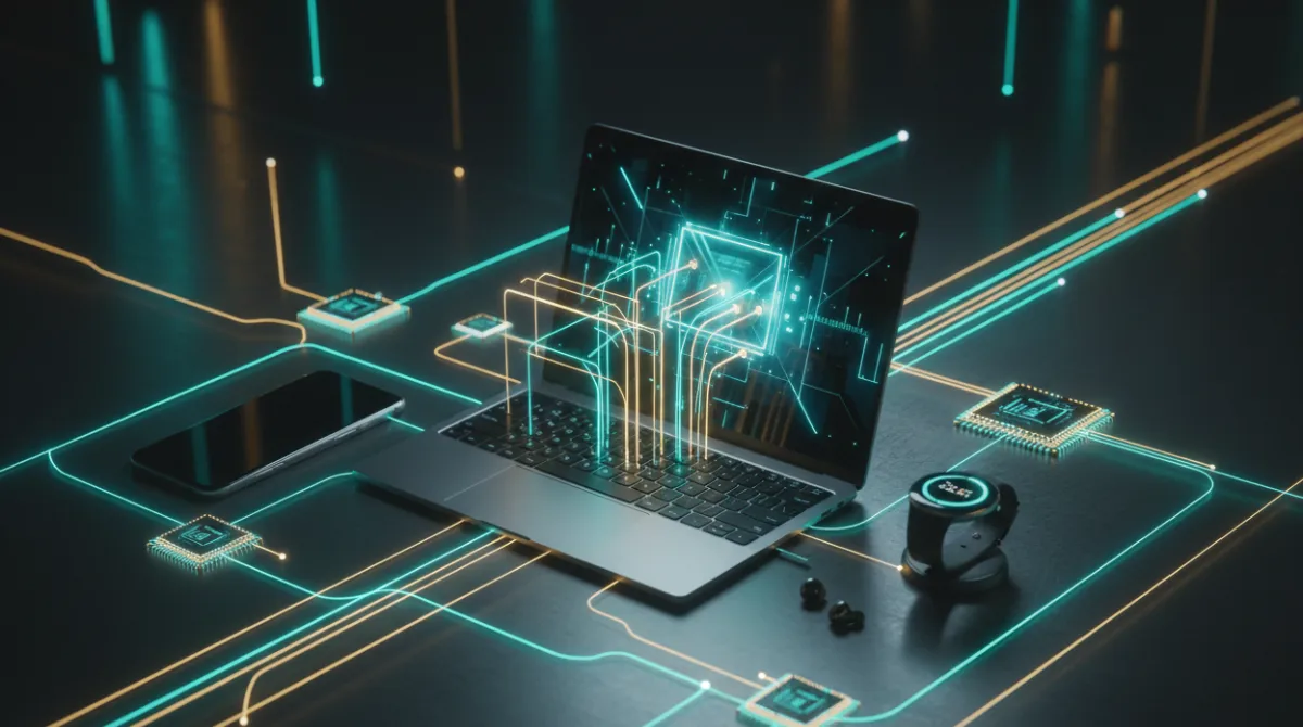 A smartphone, laptop, smartwatch, and earbuds connected by glowing neural network lines representing local on-device AI processing