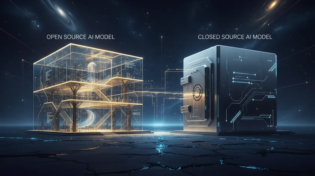 Conceptual illustration contrasting open source transparent AI models with closed proprietary AI systems for software development