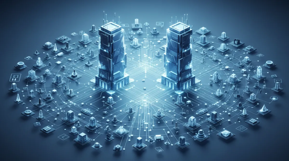 Abstract illustration of two major AI company headquarters connected by glowing data lines to hundreds of downstream products, showing platform concentration risk