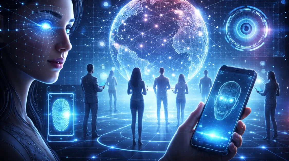 Futuristic illustration showing biometric human verification through facial recognition, digital identity scanning, and a connected global social network concept