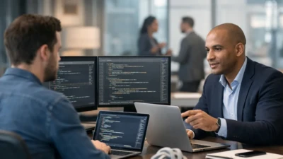 Professionals collaborating at a workstation with code on screens, reflecting ChatGPT’s shift toward coding and business users.