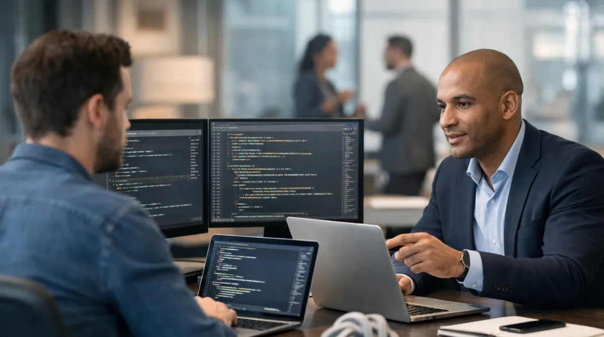 Professionals collaborating at a workstation with code on screens, reflecting ChatGPT’s shift toward coding and business users.