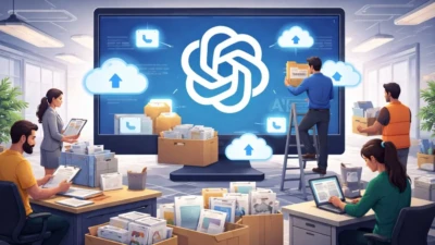Contractors uploading files and documents to a large screen with the OpenAI logo in a modern office setting.