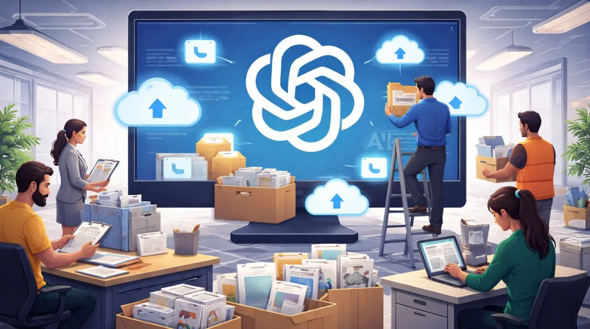 Contractors uploading files and documents to a large screen with the OpenAI logo in a modern office setting.