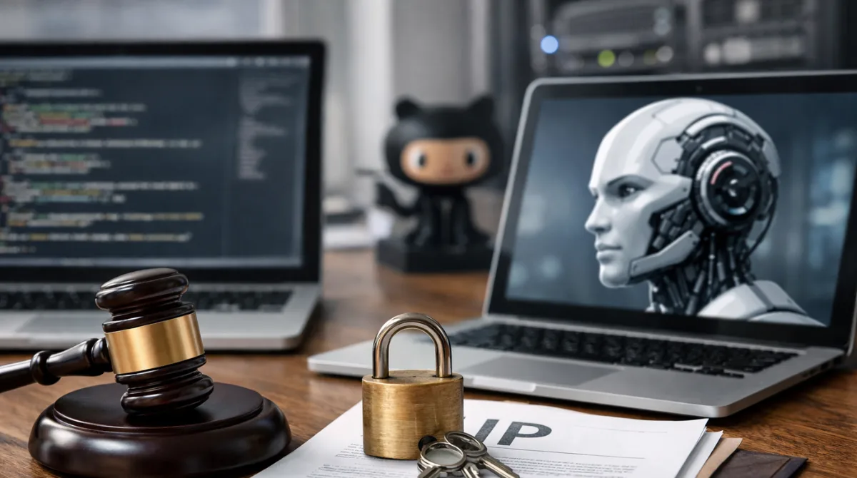 Laptop screens displaying code and an AI interface beside legal documents and a lock symbolizing intellectual property tensions in AI software development