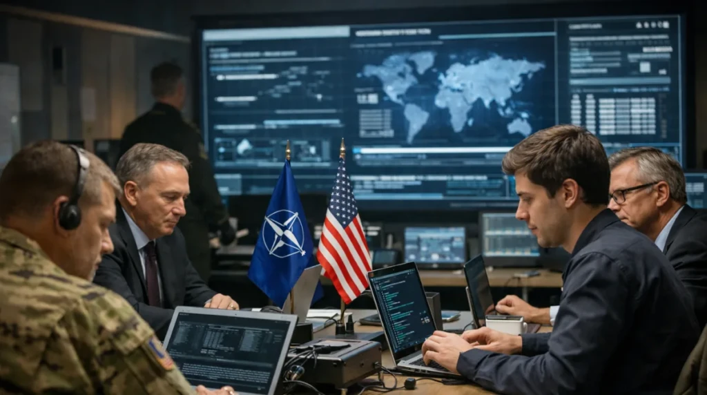 Defense officials and AI engineers review digital intelligence systems in a secure operations room during talks on AI deployment in NATO networks