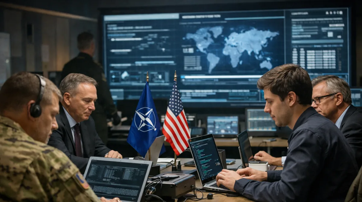 Defense officials and AI engineers review digital intelligence systems in a secure operations room during talks on AI deployment in NATO networks