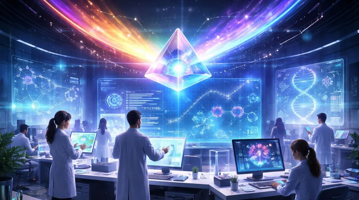 Futuristic AI-powered scientific research workspace with researchers using advanced holographic data and a glowing prism centerpiece