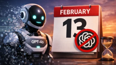 Illustration showing a GPT-4o robot fading away beside a February 13 calendar, symbolizing OpenAI retiring GPT-4o from ChatGPT