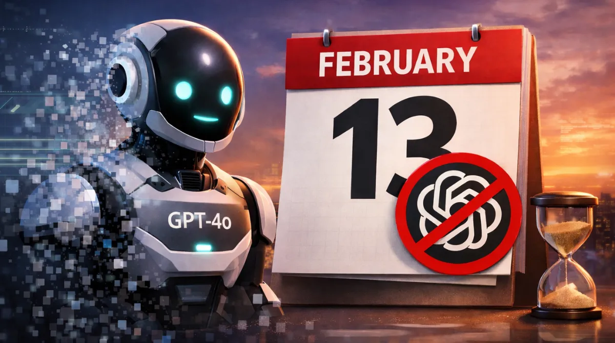 Illustration showing a GPT-4o robot fading away beside a February 13 calendar, symbolizing OpenAI retiring GPT-4o from ChatGPT