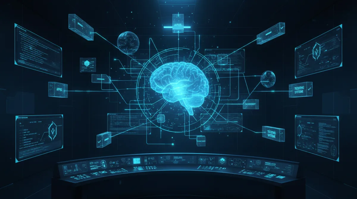 Futuristic illustration of an AI orchestration hub connecting multiple systems including APIs, databases, and ticketing tools via glowing network lines