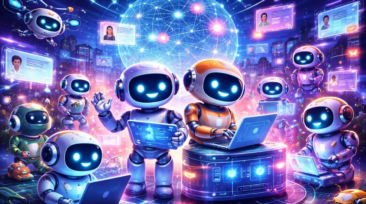 Autonomous AI agents forming a decentralized social network through interconnected digital nodes and collaborative intelligence