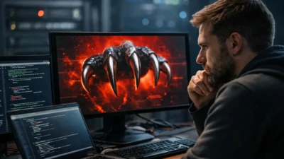 Software developer analyzing potential OpenClaw security risks on multiple monitors in a data center environment