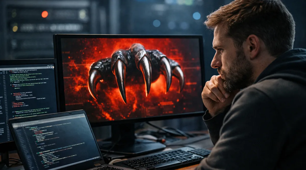 Software developer analyzing potential OpenClaw security risks on multiple monitors in a data center environment