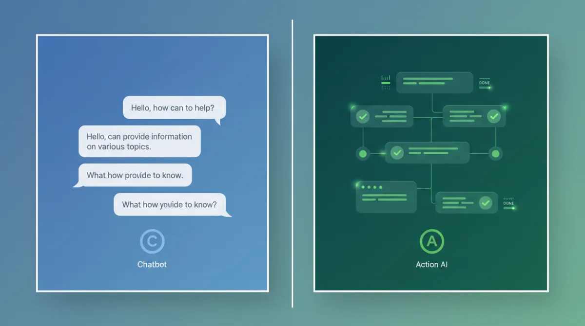Split-screen illustration comparing an AI chatbot interface on the left with an action-based AI execution engine on the right