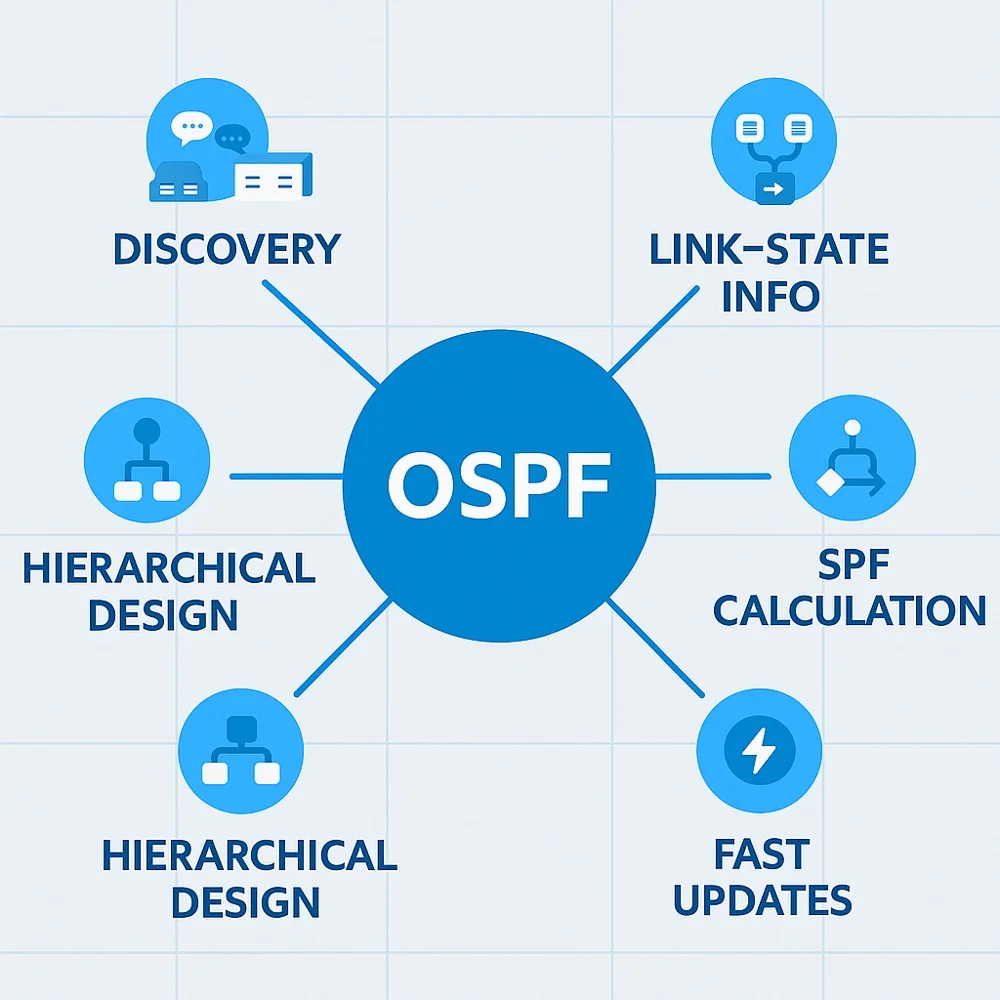 Infographic illustrating key steps of OSPF operation in a simple visual format.