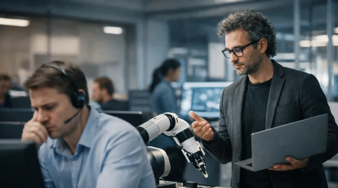 Thoughtful professionals in a modern office work beside AI robotics, illustrating skilled human roles in an evolving workplace