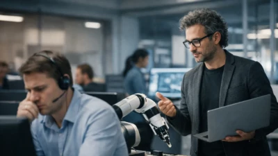 Thoughtful professionals in a modern office work beside AI robotics, illustrating skilled human roles in an evolving workplace