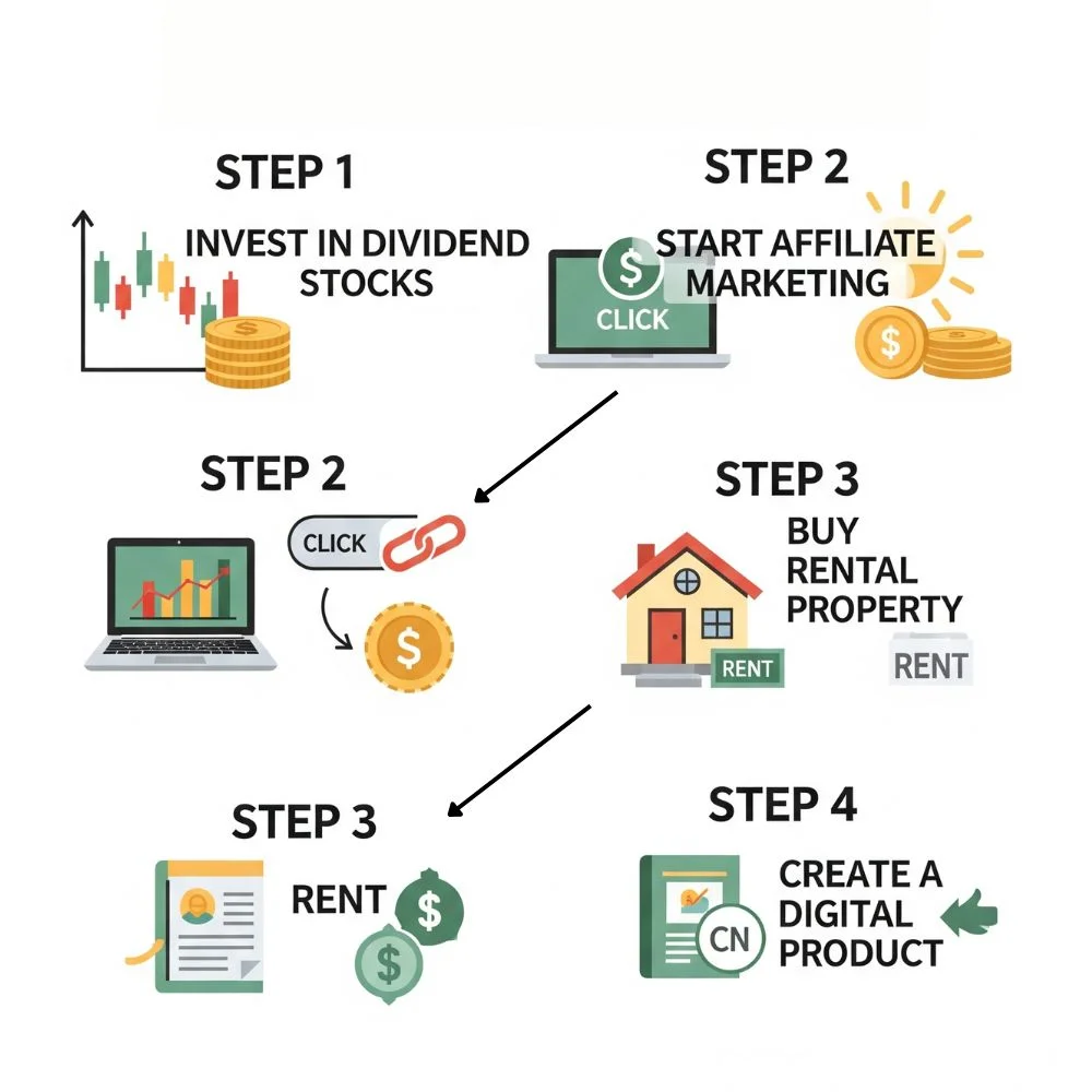 Passive income steps infographic with visuals.