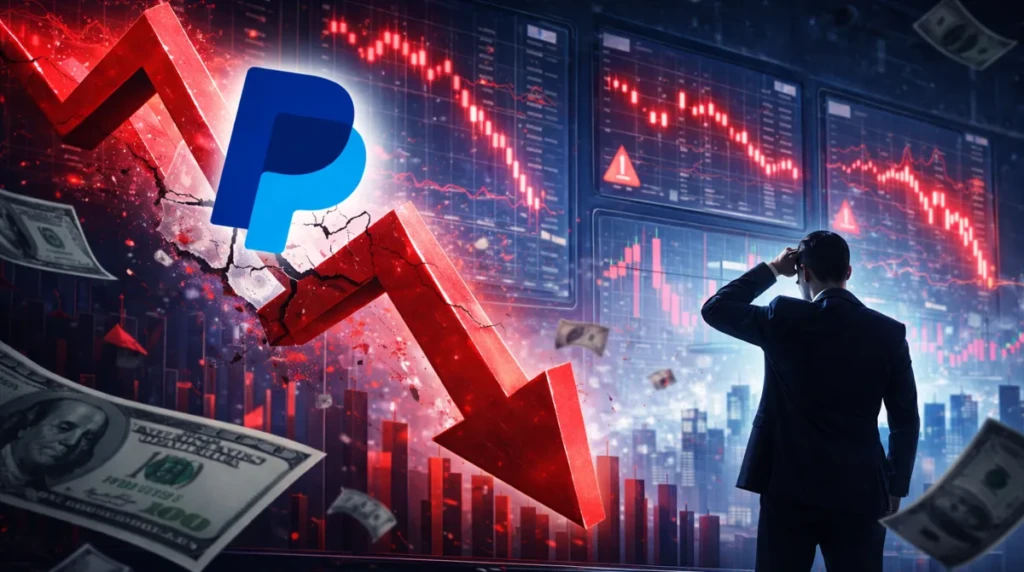 Editorial illustration showing PayPal’s original logo alongside a sharp stock market decline, red downward arrow, financial charts, and an investor reacting to weak earnings and future guidance.