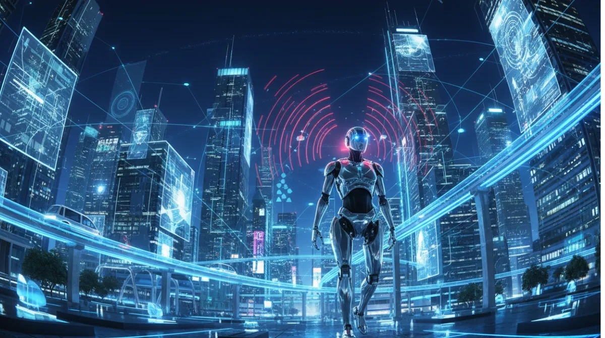 An advanced robot scanning a glowing smart city at night with lidar beams, autonomous vehicles, and AI data network connections illuminating the scene