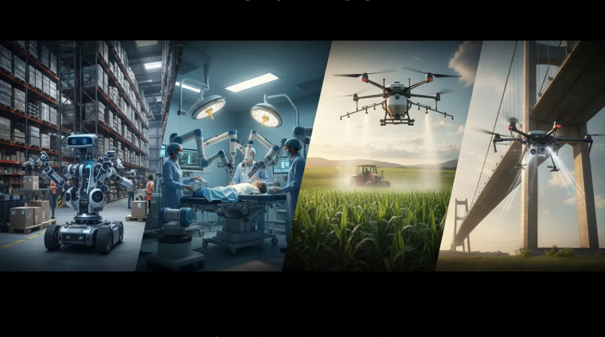  A composite scene showing physical AI in action across multiple industries including warehouse robotics, surgical robots, agricultural drones, and infrastructure inspection drones