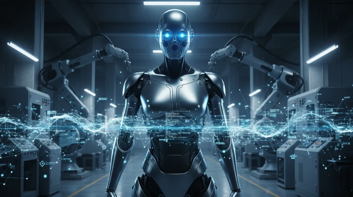 A humanoid robot with active sensors and cameras perceiving its physical environment through data streams and signals